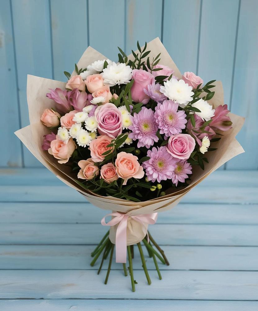 Букет цветов из: Хризантемы, Розы и Альстромерии в Экажево