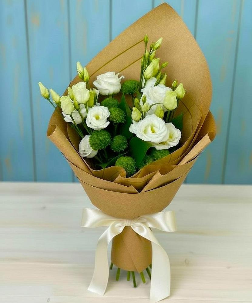 Букет цветов из: Хризантемы и Лизиантусы в Экажево