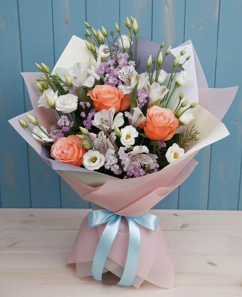 Букет цветов из: Лизиантусы, Розы, Альстромерии и Гипсофила в Экажево