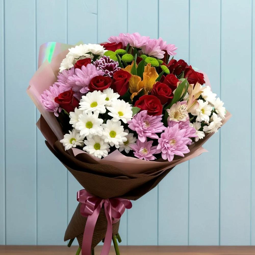Букет цветов из: Розы, Хризантемы и Альстромерии в Экажево