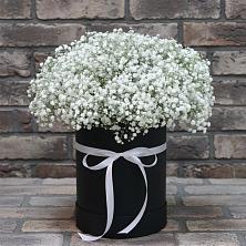 Цветочная композиция из Гипсофила в шляпной коробке в Экажево