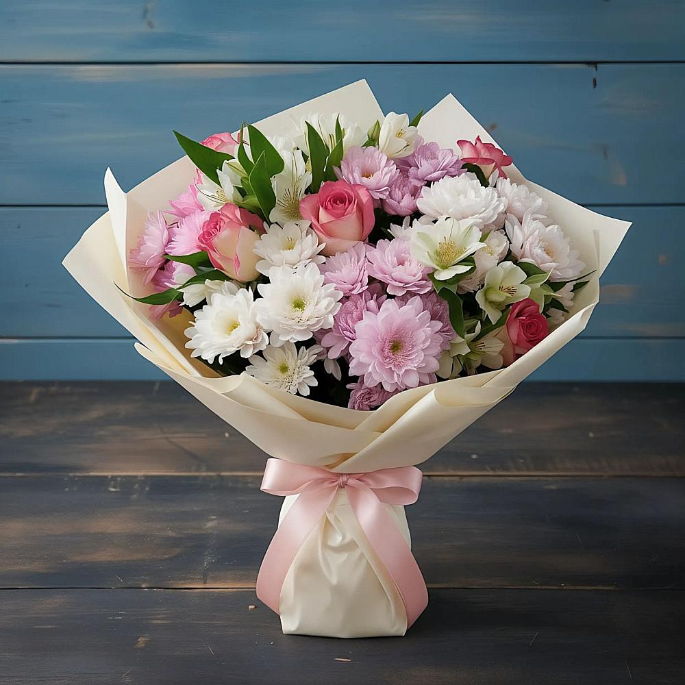 Букет цветов из: Хризантемы, Альстромерии и Розы в Экажево